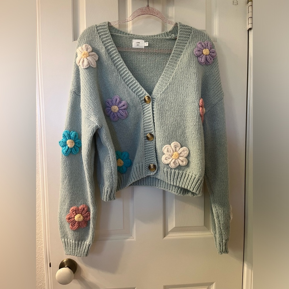 Floral Embellished Cardigan Sweater - Mint Green
